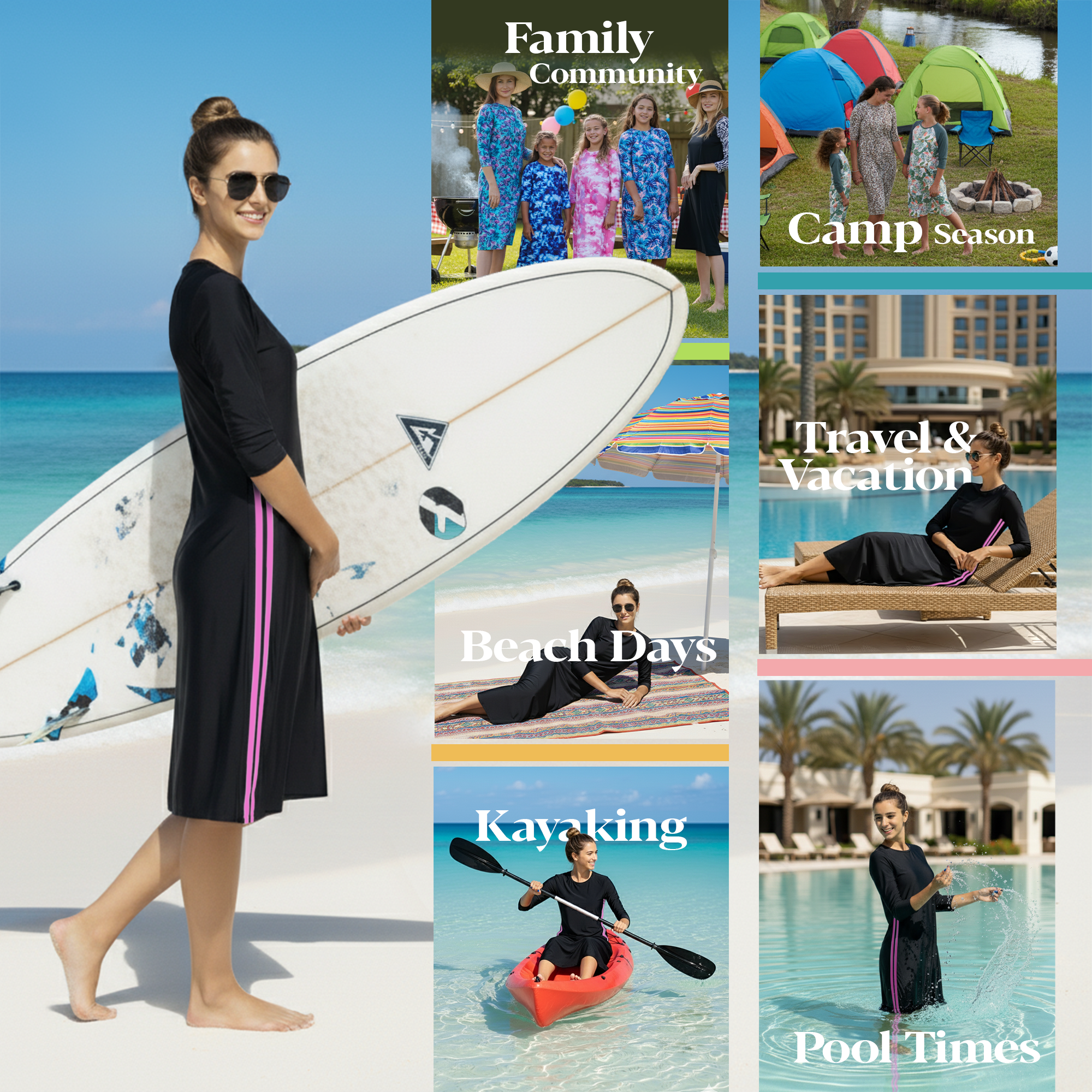 Woman Modest Tznius 3/4 Sleeve Athletic Swimdress Beach Cover up UPF 50+ Sun Protection (Reef in Black / Fuchsia)