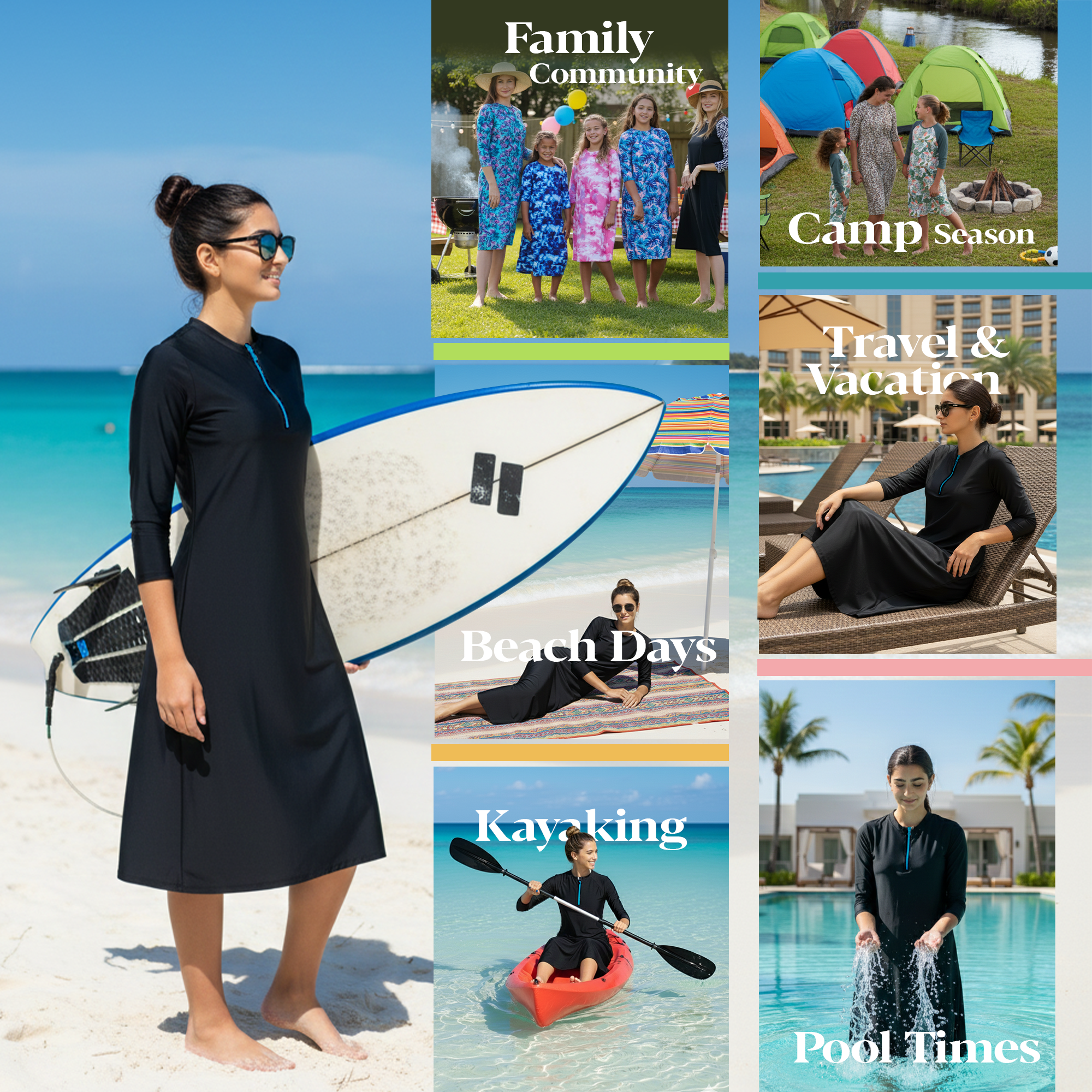 Woman Modest Tznius 3/4 Sleeve Athletic Swimdress Beach Cover up UPF 50+ Sun Protection (Bali in Black / Aqua Zipper)